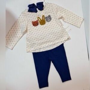 Starting Out Cream Polka Dot Top with Royal Blue Leggings and Bow 3 piece set